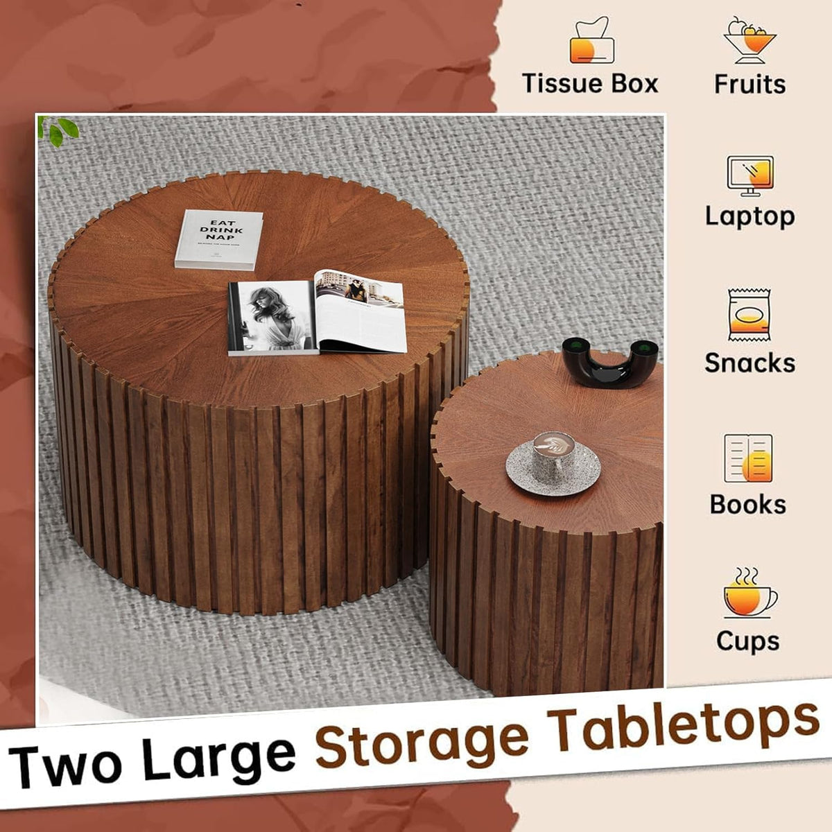 Round Nesting Coffee Table Set of 2 Modern Round Walnut Coffee Table Small Circular End Table Side