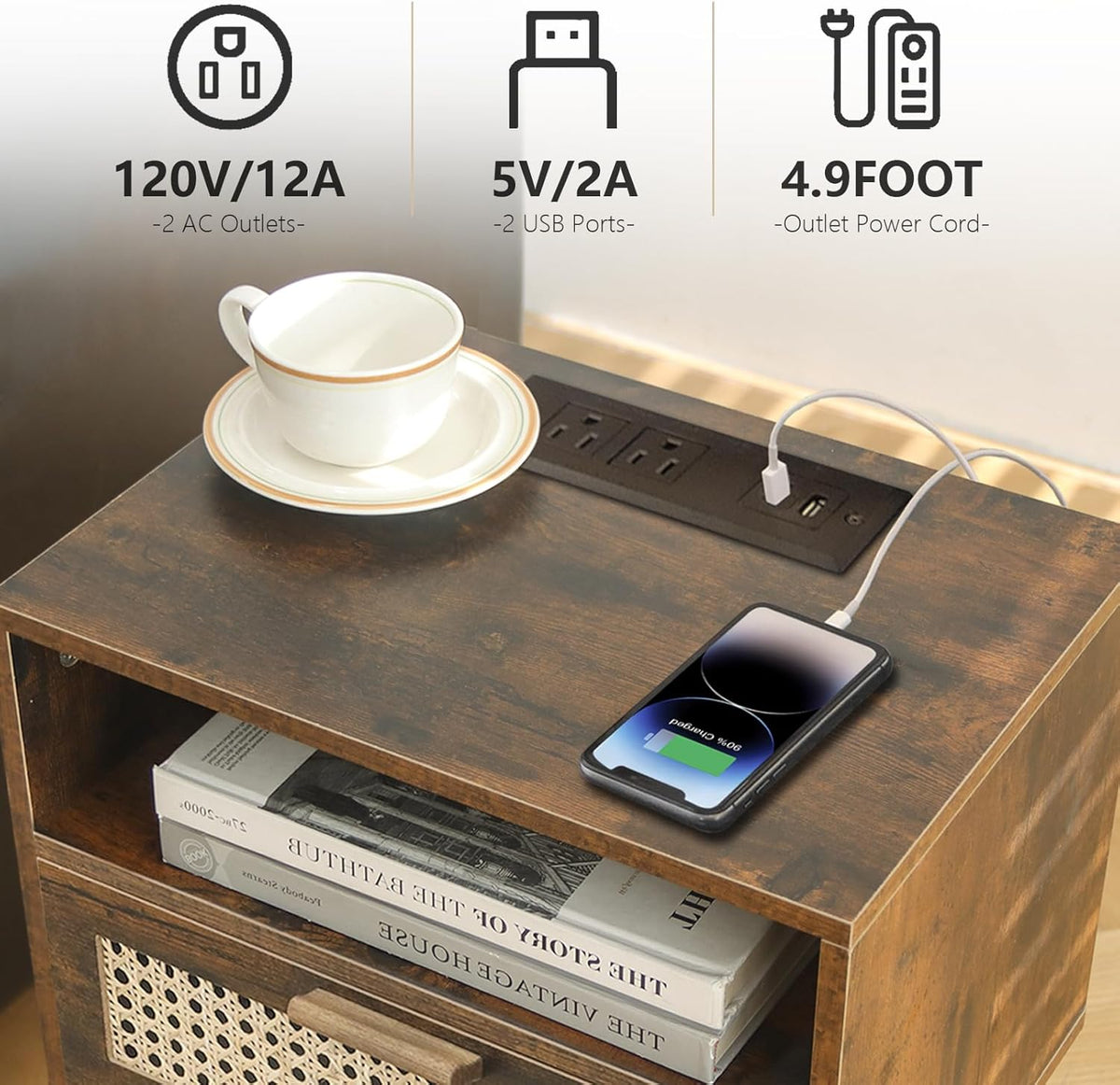 MaxSmeo Small Nightstand with Charging Station, Rattan Side Table Mid Century Modern Bedside Table