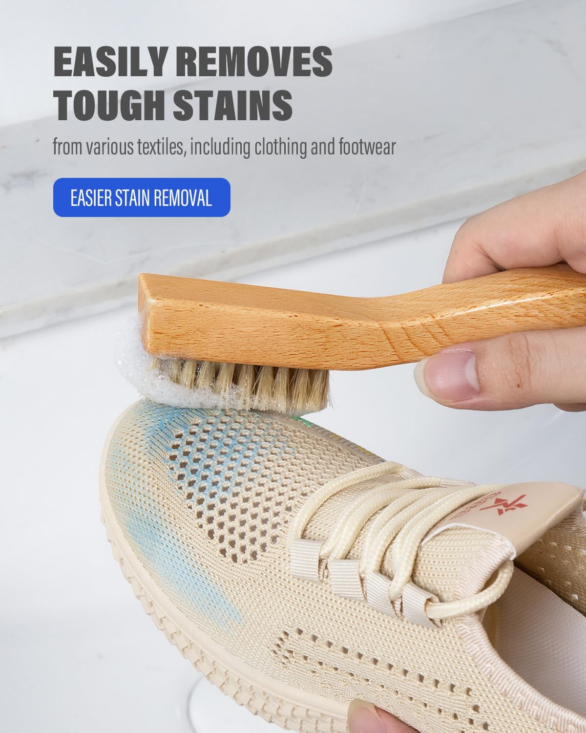 VASSON Natural Soft Boar Bristle Laundry Stain Brush, Laundry Scrub Brush,Laundry Brush for Stains