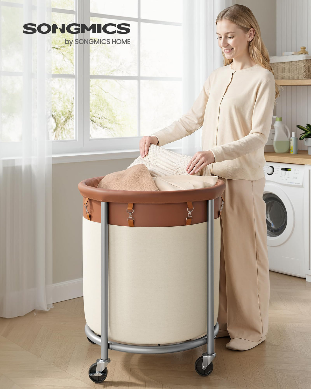 SONGMICS Laundry Basket, Rolling Steel Frame with 2 Locking Wheels, 190 L