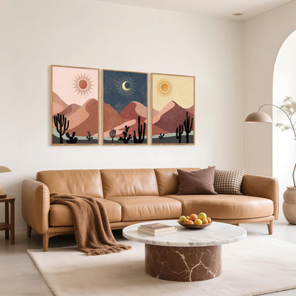 HPNIUB Boho Desert Framed Canvas Wall Art Set, Abstract Sun Moon Art Prints, Modern Cactus
