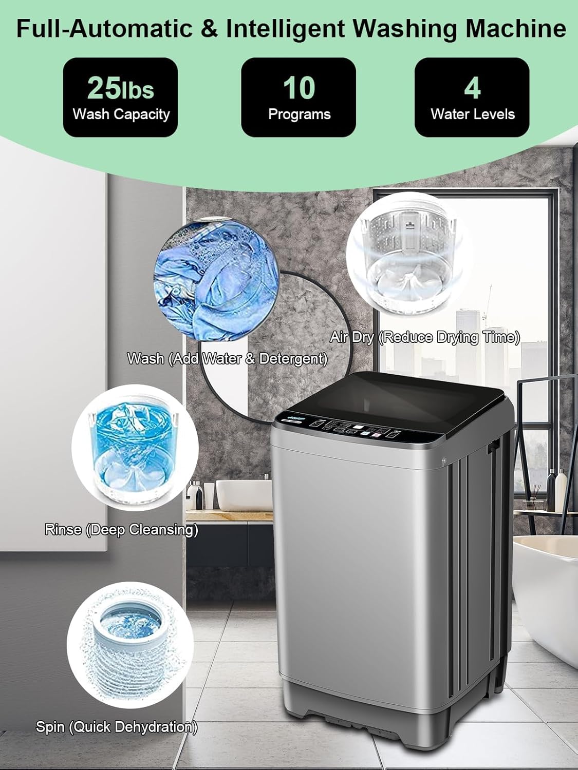 25 lbs Full Automatic Washing Machine with LED Display Compact Washing Machine with Drain Dump, 10