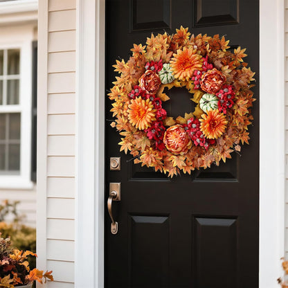 26" Fall Wreath for Front Door - Large Artificial Maple Leaves Fake Silk Peony Faux Pumpkin Outdoor