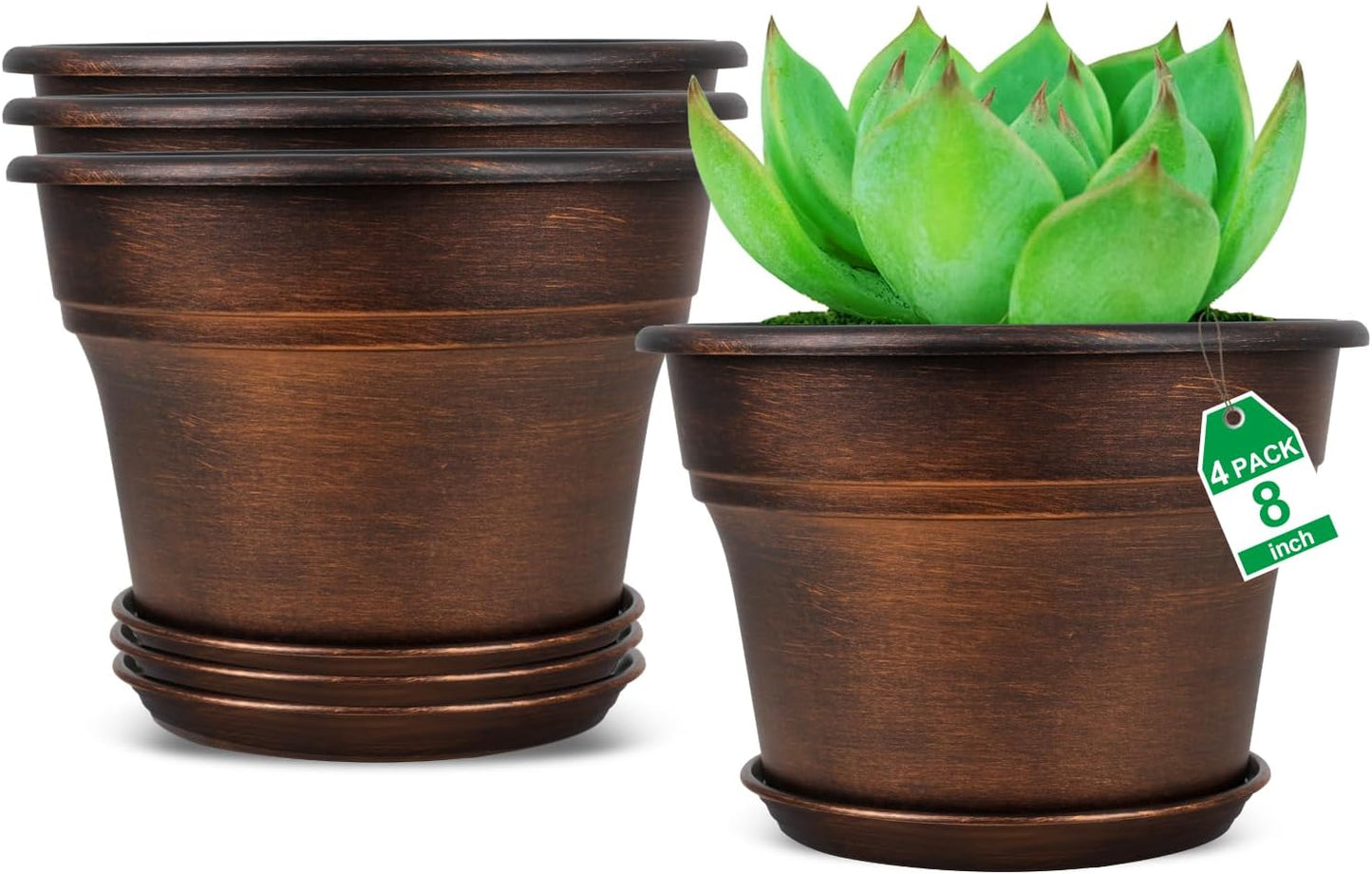 Plant Planters Pots Set of 4 Pack 8 Inch, Plastic Flower Pot for Indoor Plants with Drainage Holes