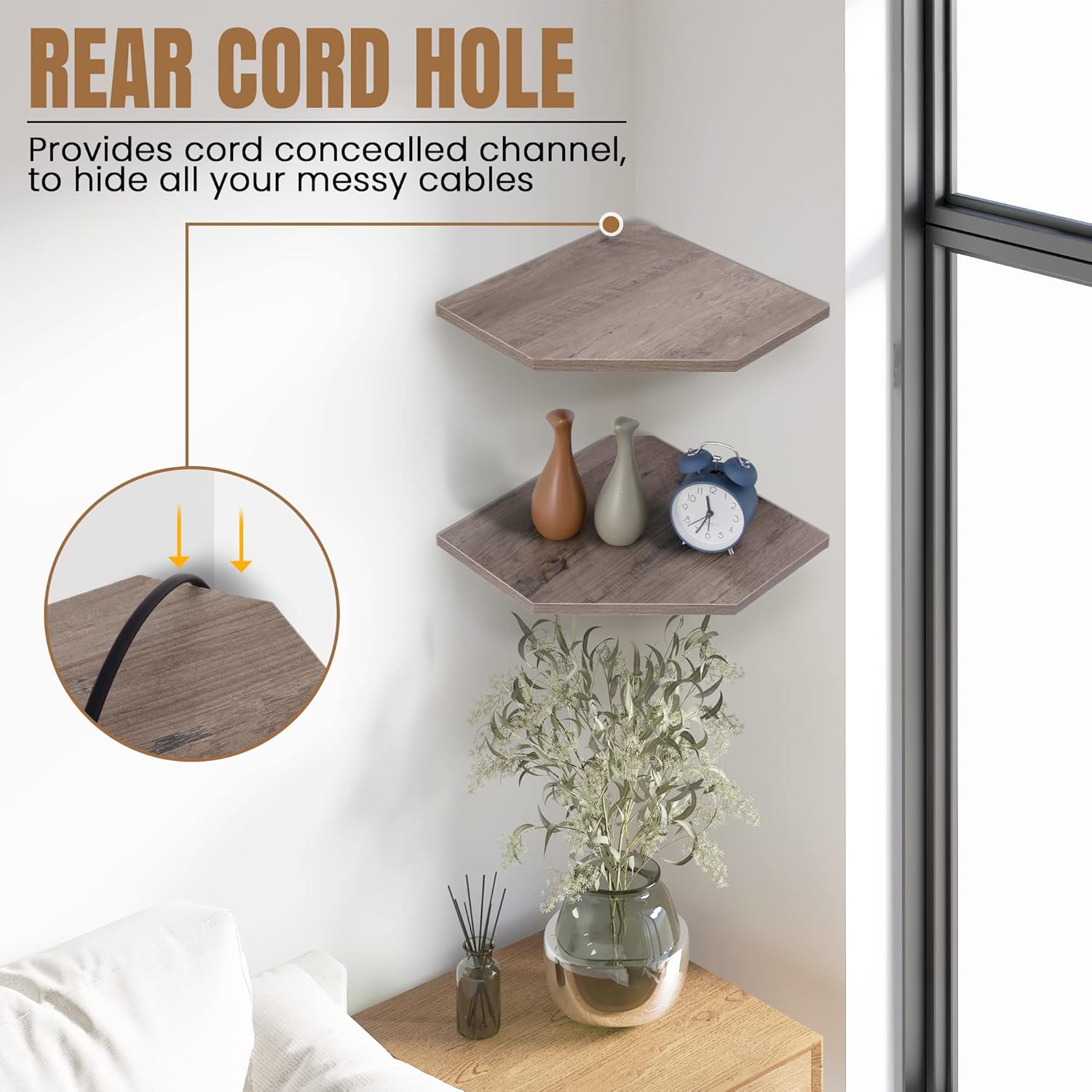 Corner Shelf Wall Mount, Floating Corner Shelves, Set of 2 Corner Wall Shelf Organizer, Rustic Wood