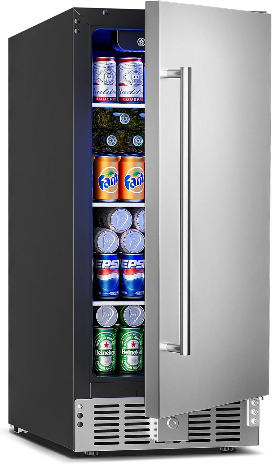 15 Inch Undercounter Beverage Refrigerator - 126 Cans Beverage Fridge with Stainless Steel Door for
