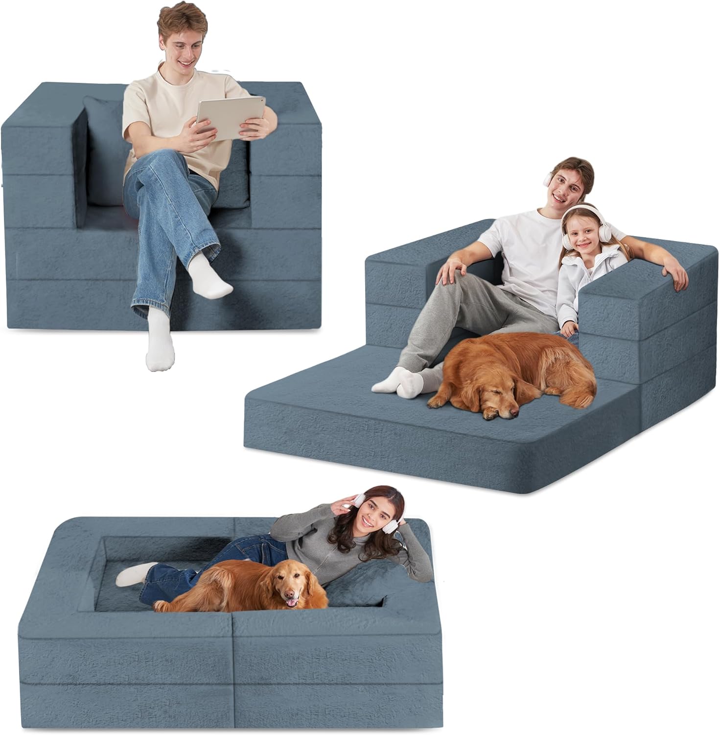 Folding Bean Bag Chair for Adults,3-in-1 Bean Bag Couch Faux Fur Floor Sofa Large Beanbag