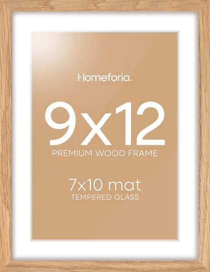 Homeforia 9x12 Picture Frame Wood, High End Natural Oak 9 x 12 Light Wooden Frames with Mat 7 by 10