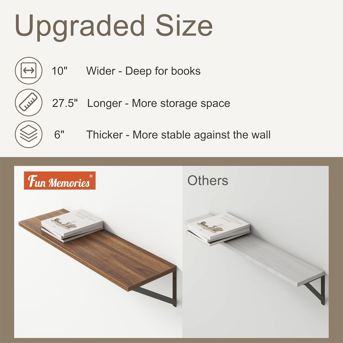 Fun Memories 27.5" W x10 D Floating Shelves, Large Wall Shelves 27.5 Inch Long, Set of 2, Farmhouse