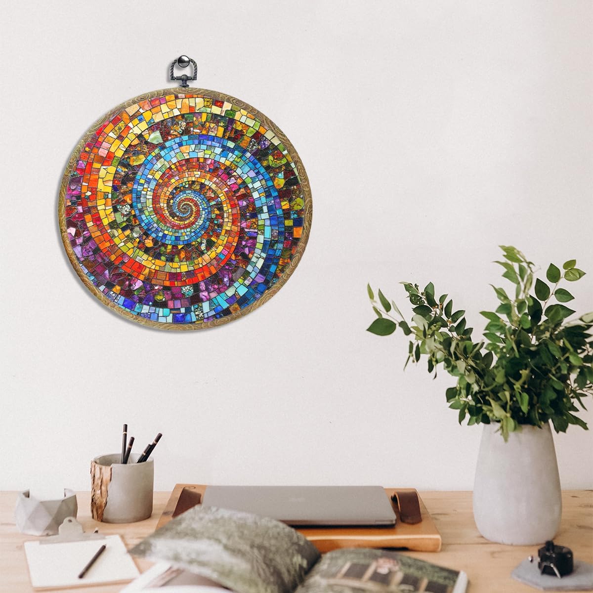 Colorful Glass Style Colorful Geometric Decoration Gift for Art Lovers Framed Round Wall Decor