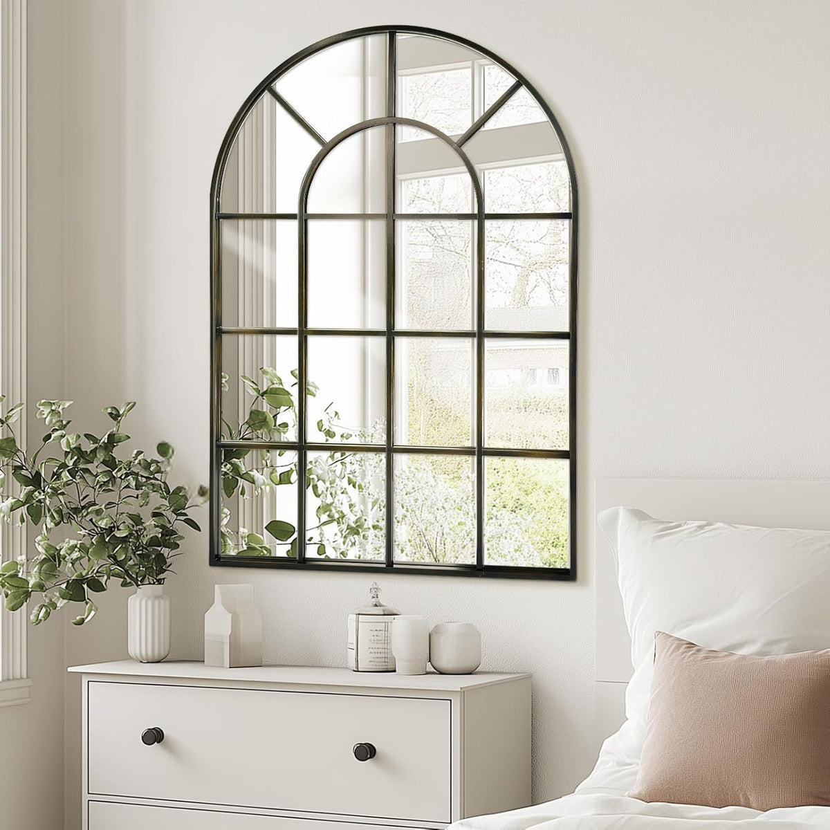 Arched Windowpane Wall Mirror 30"x48" Bronze Wall Mounted Art Pane Mirror Farmhouse Decorative