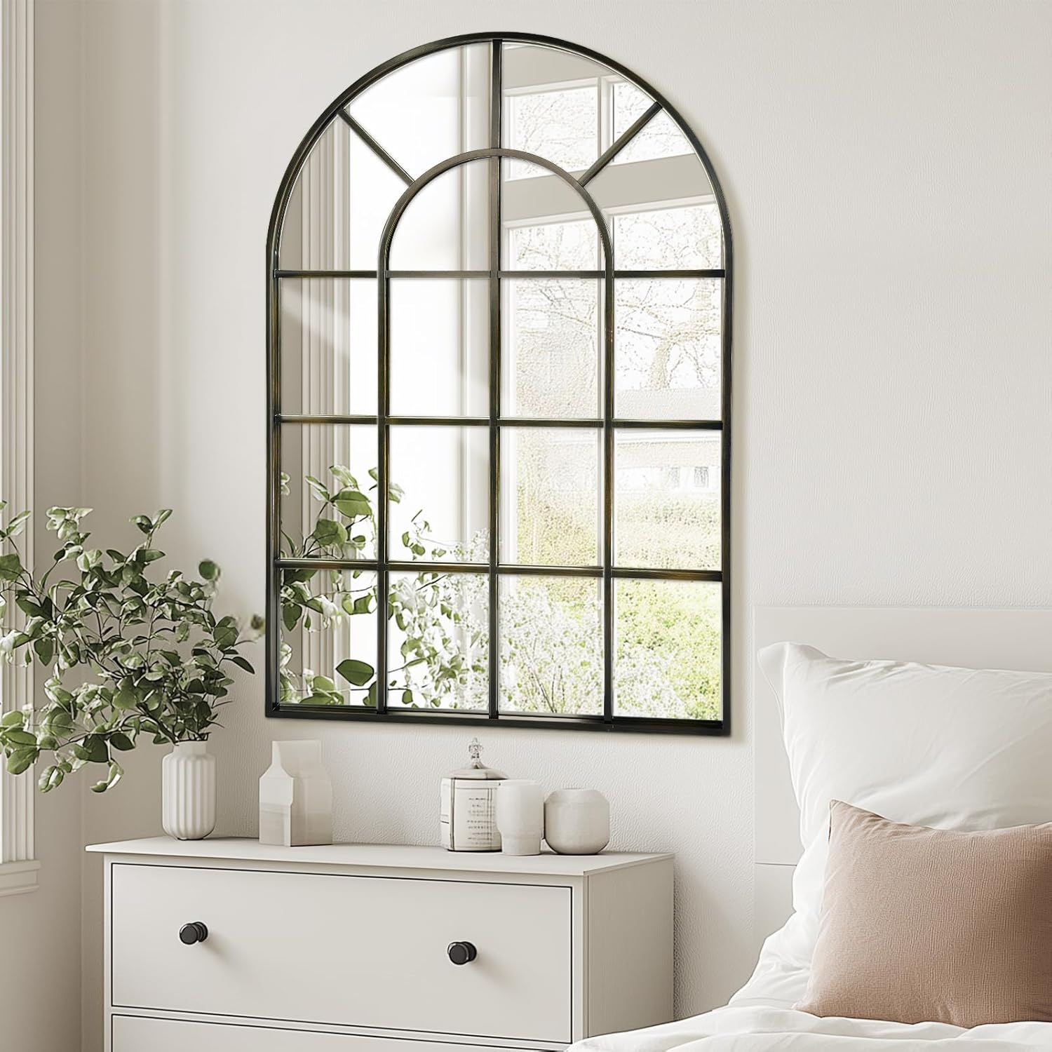Arched Windowpane Wall Mirror 30"x48" Bronze Wall Mounted Art Pane Mirror Farmhouse Decorative