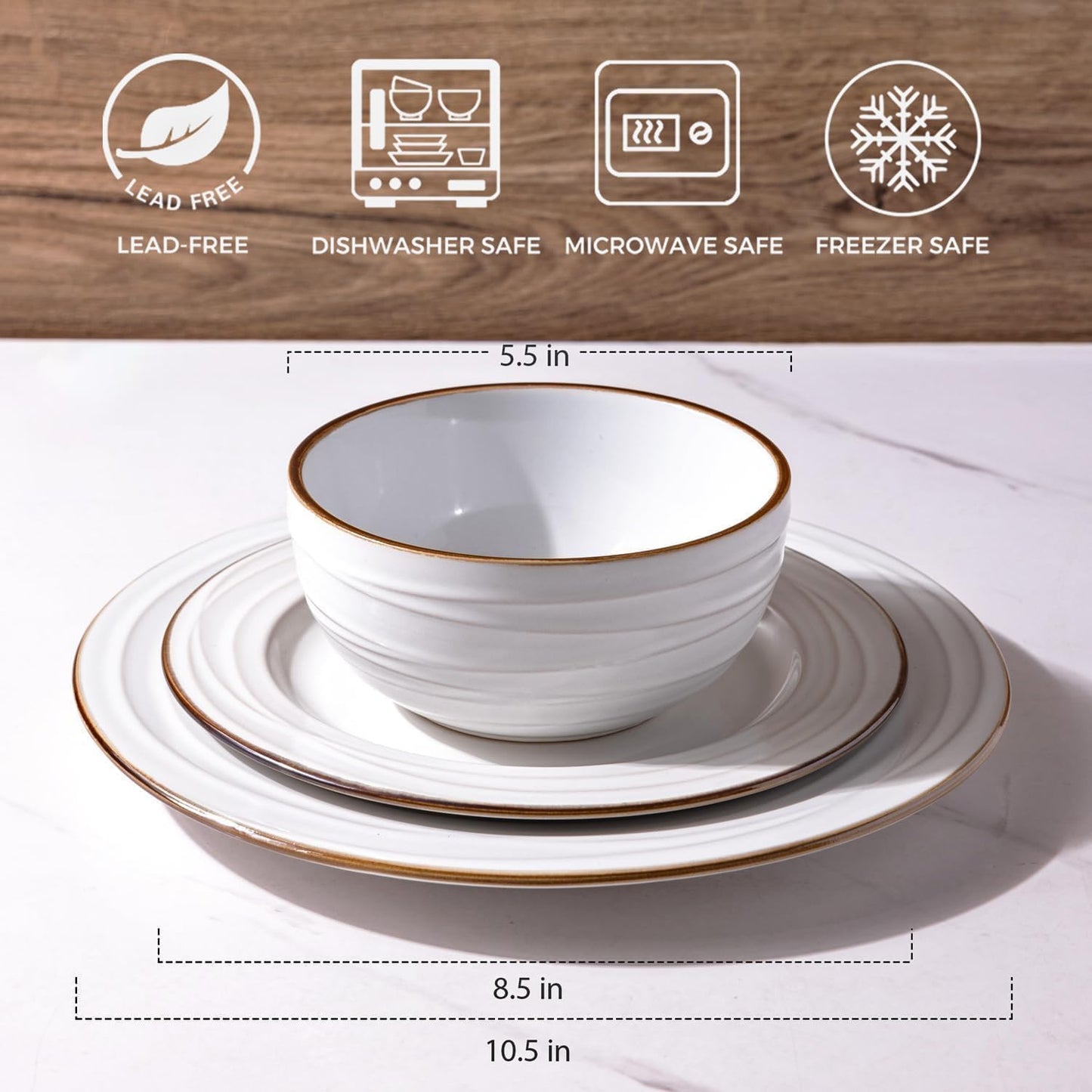 GBHOME Ceramic Dinnerware Sets,18 pcs Embossed Elegant Stoneware Plates and Bowls Sets