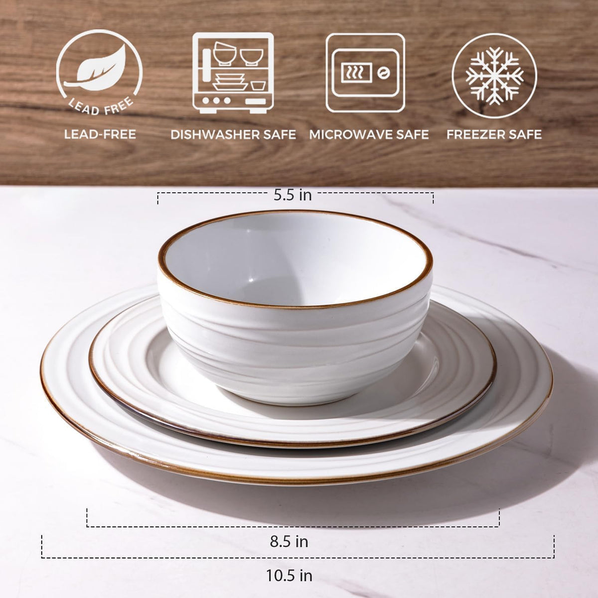 GBHOME Ceramic Dinnerware Sets,18 pcs Embossed Elegant Stoneware Plates and Bowls Sets