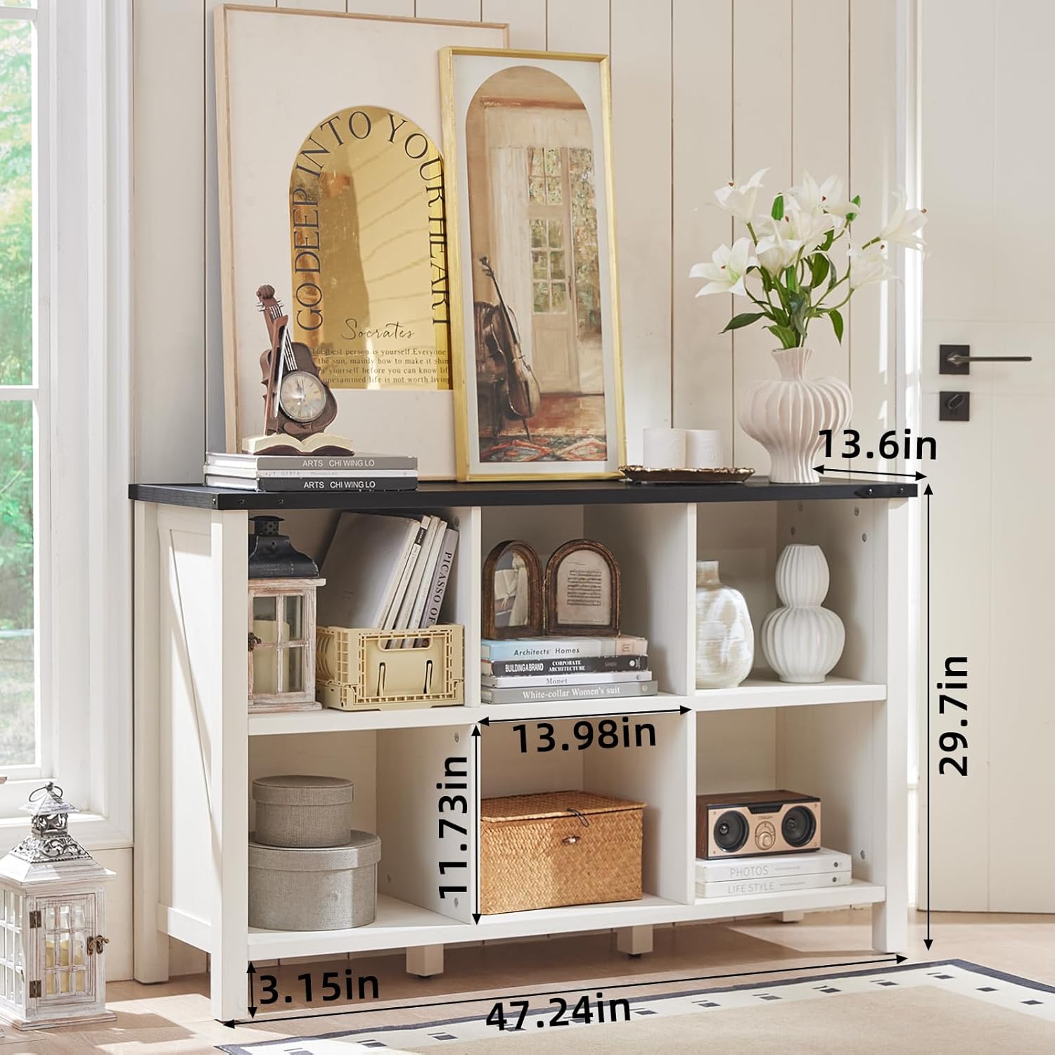 Farmhouse 6 Cube Bookshelf, Antique White & Black Wooden Storage Organizer Book Shelf, 47" Cubby