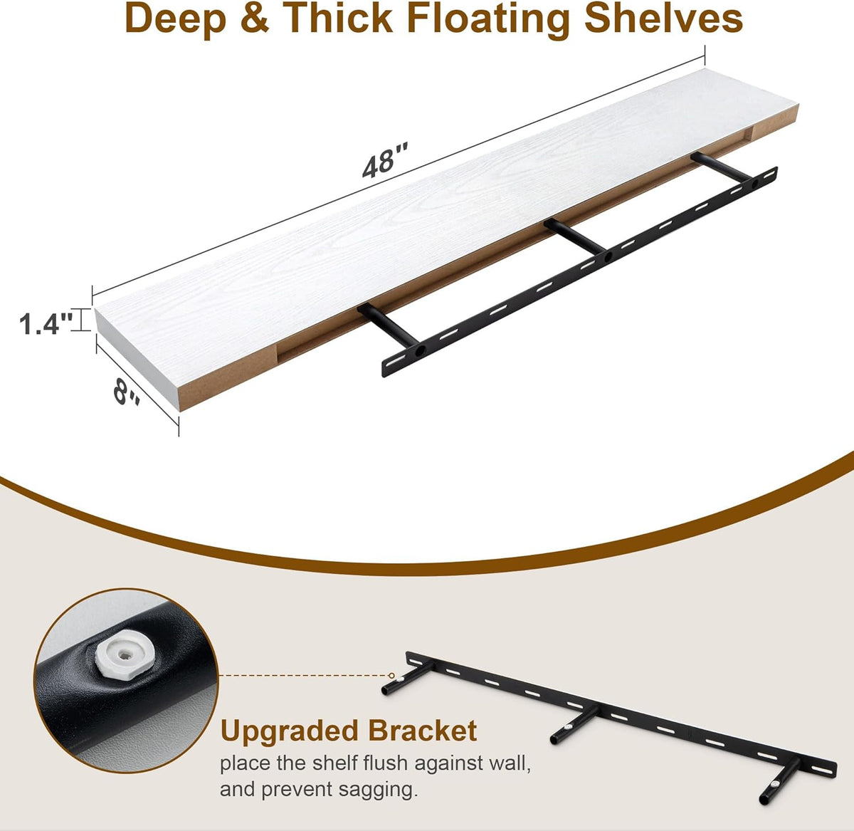 White Floating Shelves 48 Inch Long, 8 Deep Floating Shelves for Wall, Rustic 48" Long Fireplace
