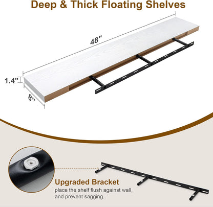 White Floating Shelves 48 Inch Long, 8 Deep Floating Shelves for Wall, Rustic 48" Long Fireplace