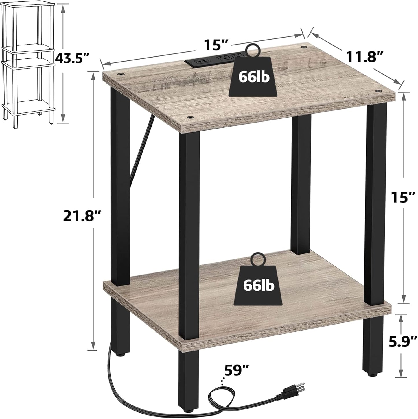 TUTOTAK End Table with Charging Station, Set of 2, Small Side Table, Nightstand Bedside Table