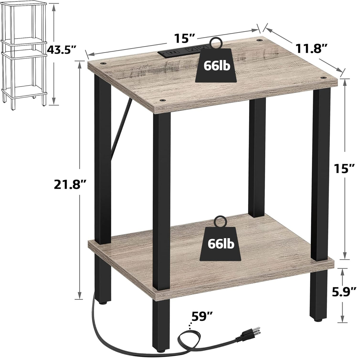 TUTOTAK End Table with Charging Station, Set of 2, Small Side Table, Nightstand Bedside Table