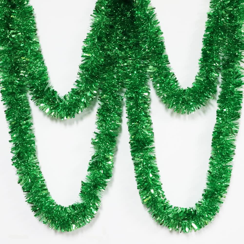 25 ft Long Roll Green Tinsel Twist Garland, Shiny Metallic Foil Decorations for Parade Floats