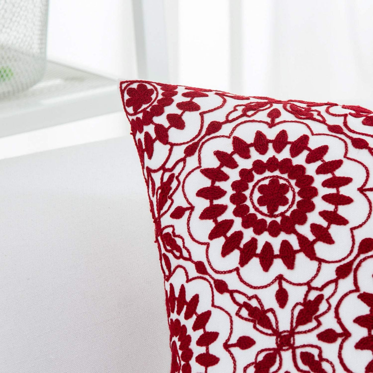 HWY 50 Red Decorative Throw Pillow Covers 18x18 Inch (1 Piece), Embroidered Cotton Farmhouse