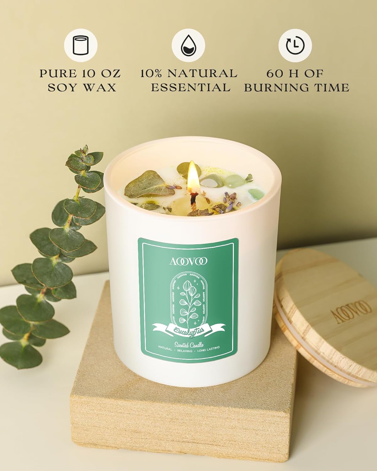 AOOVOO Eucalyptus Mint Scented Candles for Women - Aromatherapy Candle with Crystals Inside, 10oz