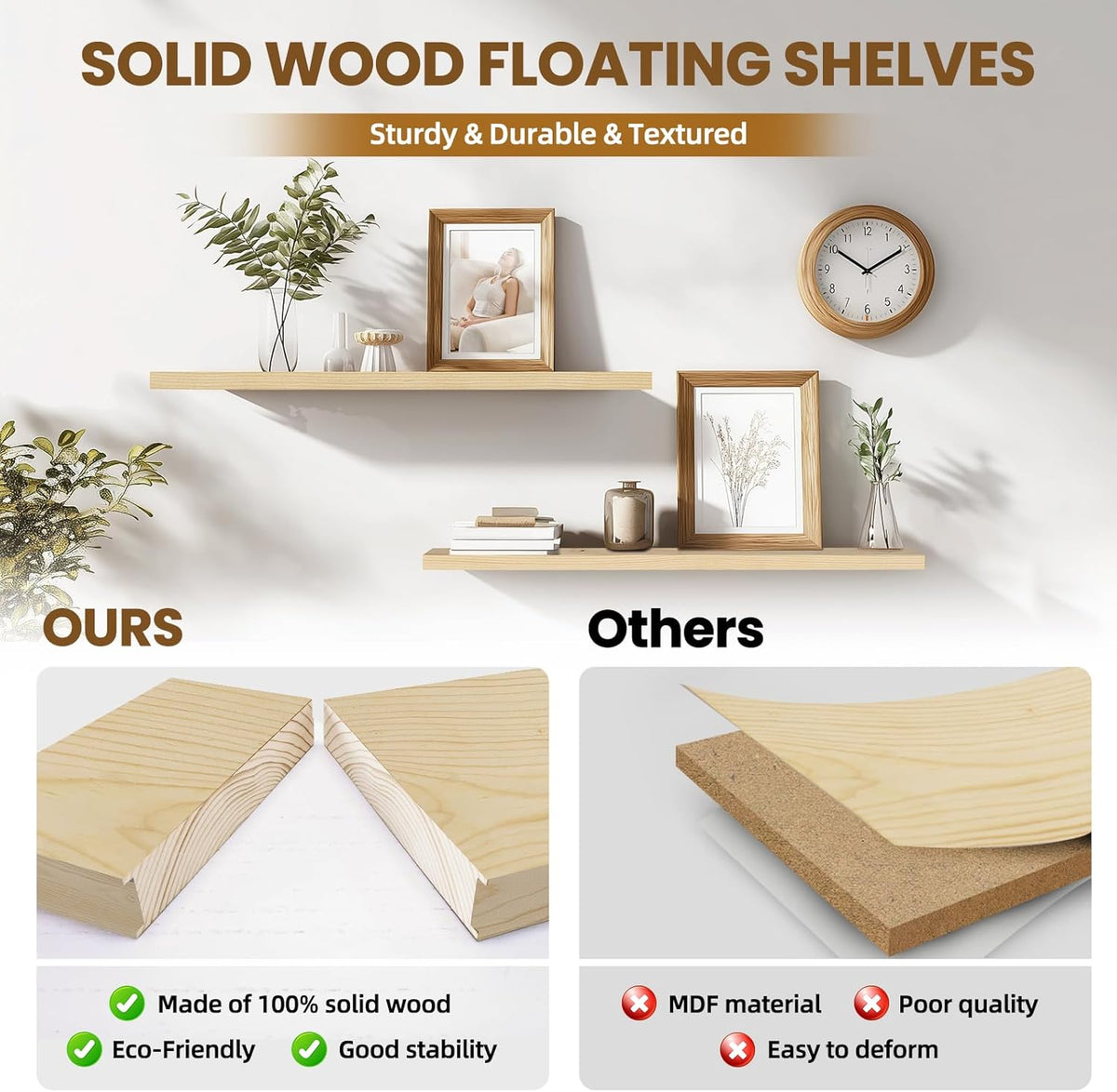 Floating Wall Shelves 2-Pack - 36-Inch Rustic Wooden Shelves for Storage and Décor, Easy