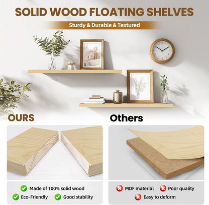 Floating Wall Shelves 2-Pack - 36-Inch Rustic Wooden Shelves for Storage and Décor, Easy