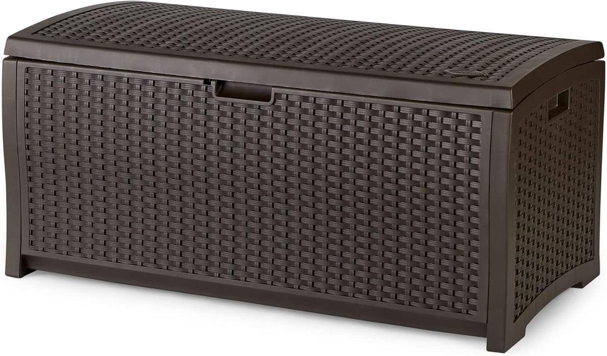 Suncast Outdoor Storage Box - 73 Gallon Mocha Brown Deck Box for Patio, Waterproof Outdoor Storage
