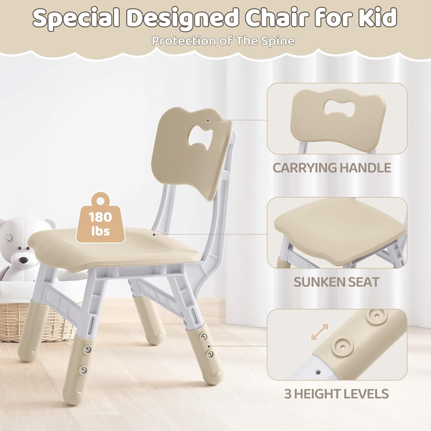 Kids Table and 2 Chairs Set, Height Adjustable (17.7"-26.1") Toddler Table and Chair Set