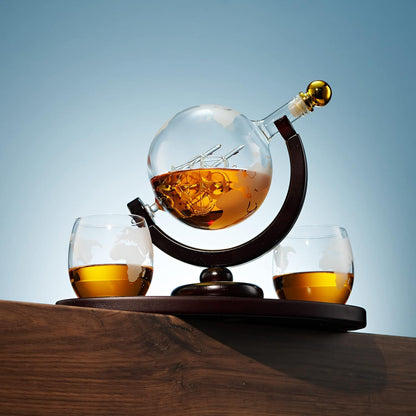 Whiskey Decanter Globe Set with 2 Etched Whiskey Glasses - for Liquor Scotch Bourbon Vodka, Gifts