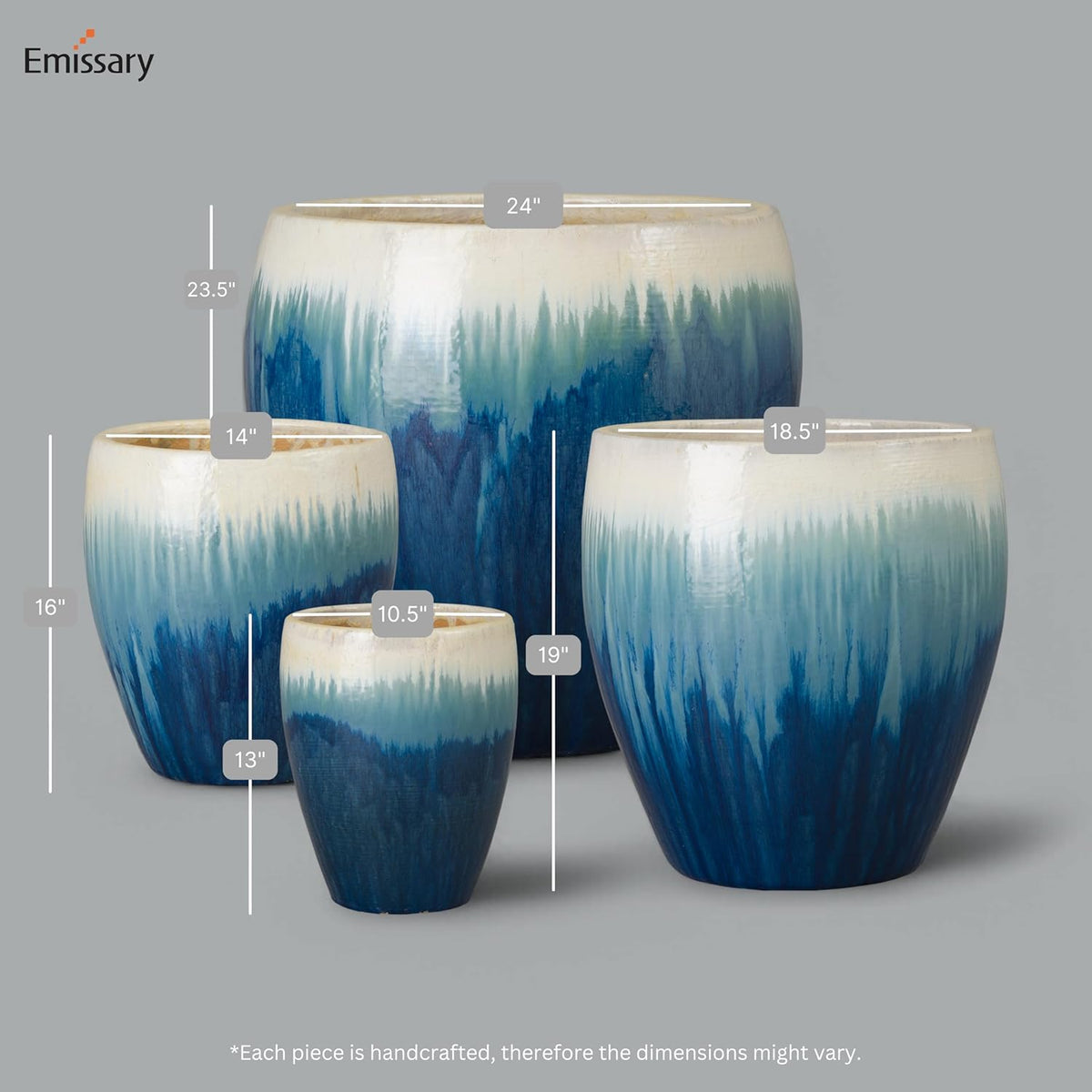 Emissary Home and Garden 13in., 16in., 19in.,23.5in. H Blue Snow Stoneware Round Planters with