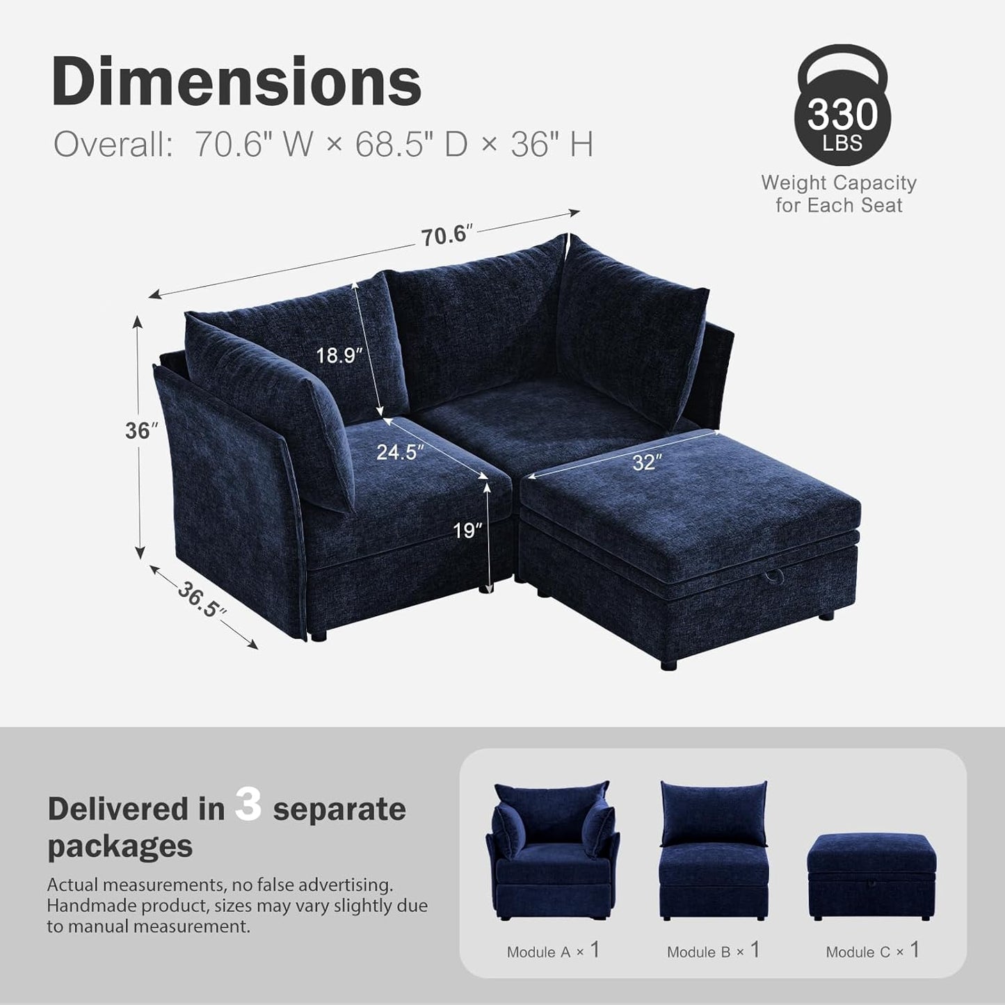 Luxury Modular Sectional Sofa, L-Shaped 3-Seat Couch with Storage Ottoman Deep Seat & Reversible