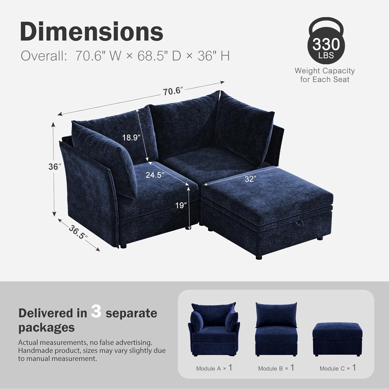 Luxury Modular Sectional Sofa, L-Shaped 3-Seat Couch with Storage Ottoman Deep Seat & Reversible