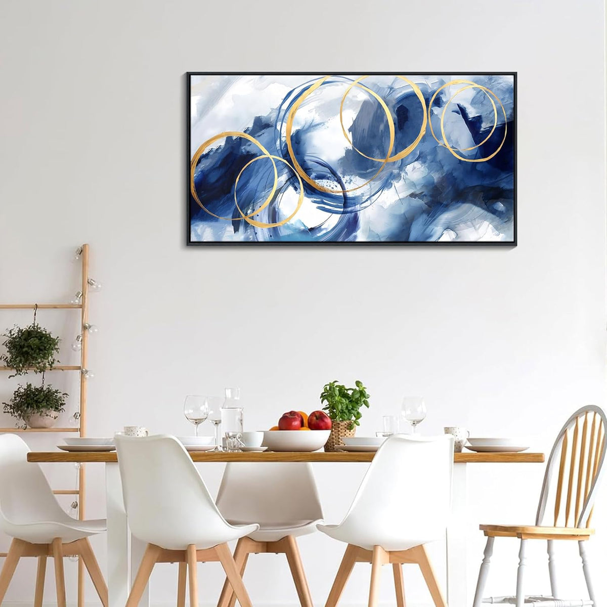 AJAZIKO Blue Abstract Wall Art Modern Navy Blue and Gold Pictures for Living Room Paintings Office