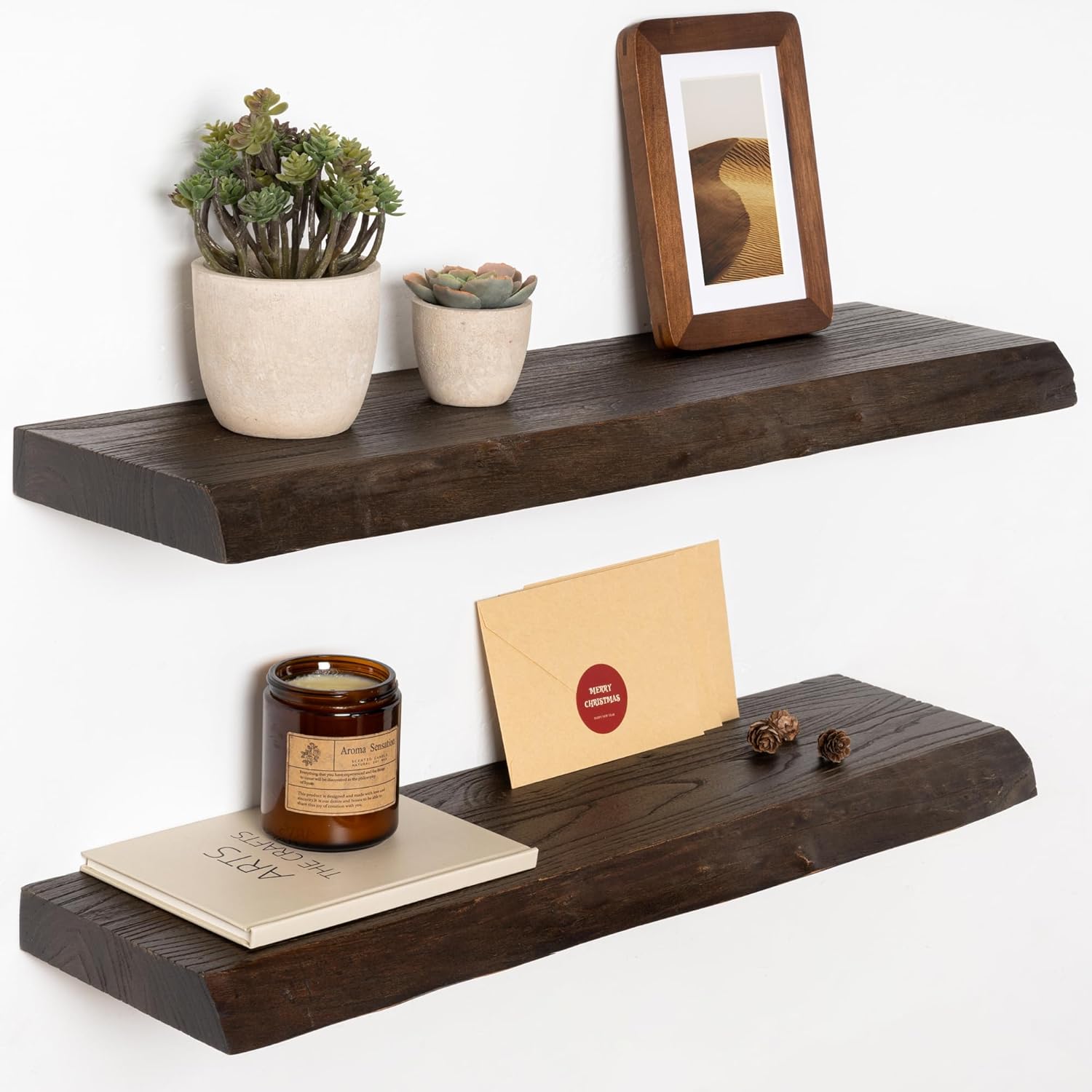 24" Floating Shelves, Live Edge Solid Elm Wood Floating Shelf, Wall Mounted Display Shelves with