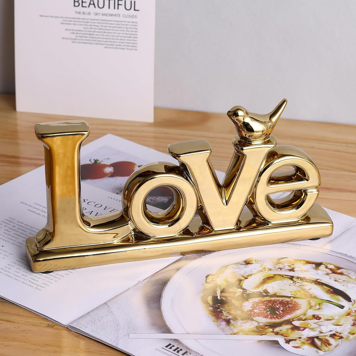 Gold Love Sign Statue - Personalized Home Decor, Bird Sculpture for Living Room, Bedroom, Desktop &