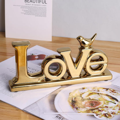 Gold Love Sign Statue - Personalized Home Decor, Bird Sculpture for Living Room, Bedroom, Desktop &