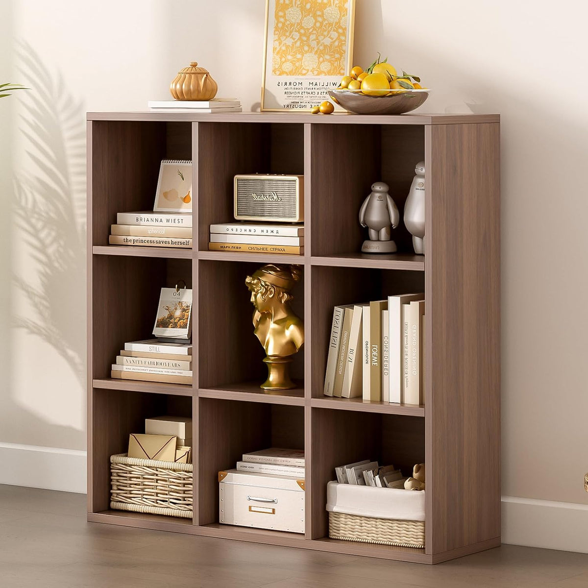 9-Cube Storage Shelf Bookcase - Wooden 3-Tier Floor Standing Open Bookshelf for Home and Office