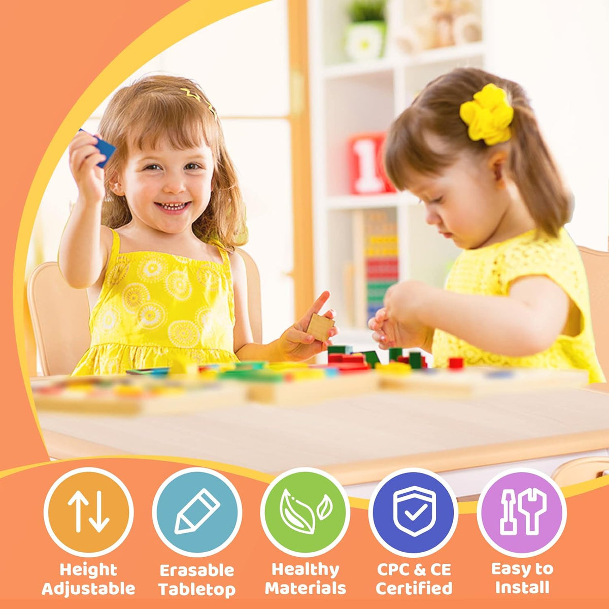 FUNLIO Kids Table and 4 Chairs Set, Height Adjustable Toddler Table and Chair Set for Ages 3-8