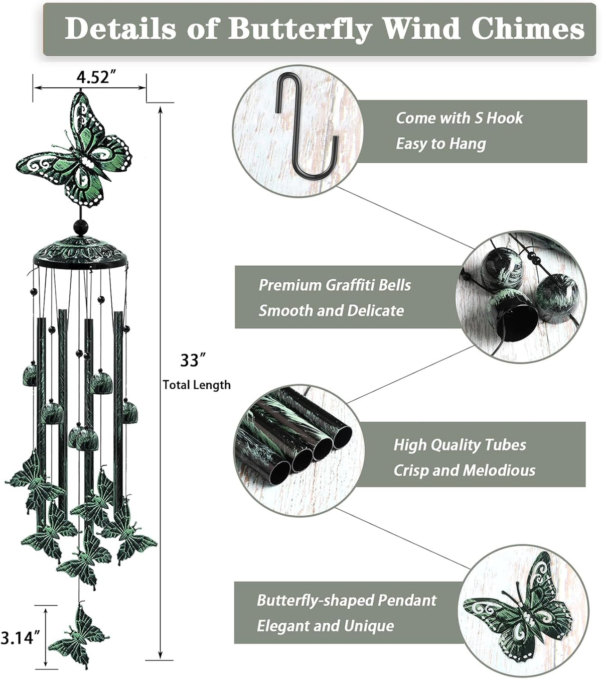 Wind Chimes for Outside, 33" Butterfly Wind Chimes Outdoor, Gifts for Women Mom Grandma Birthday