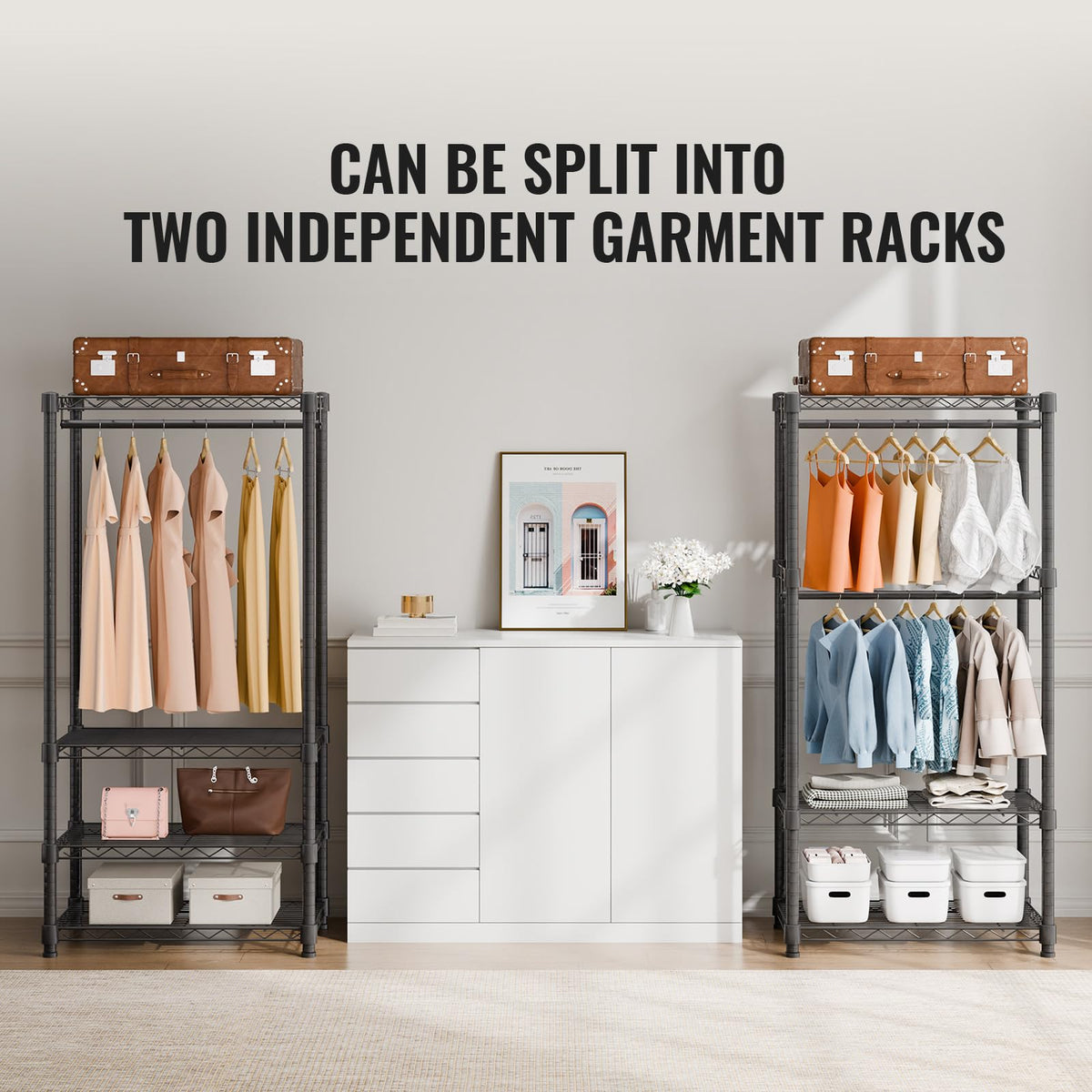 VEVOR Sturdy Apparel Organizer, Mobile Garment Hanger with Four Rods & Eight Shelving Levels