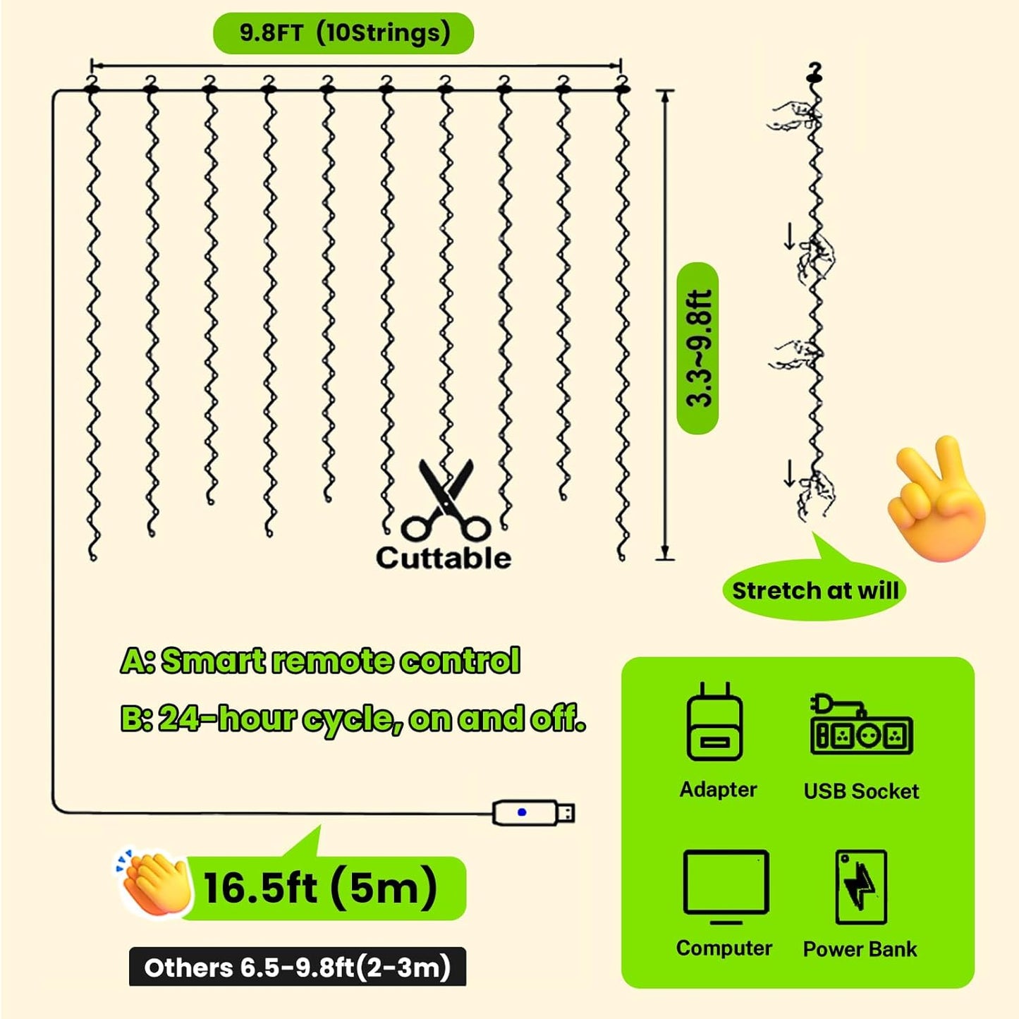 HXWEIYE 300LED Green Fairy Curtain Hanging Lights with Remote 8 Modes Timer for Bedroom, 9.8x9.8Ft
