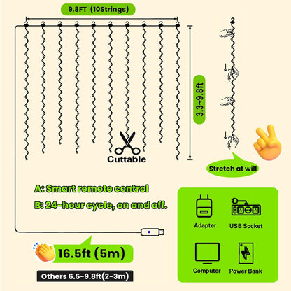 HXWEIYE 300LED Green Fairy Curtain Hanging Lights with Remote 8 Modes Timer for Bedroom, 9.8x9.8Ft