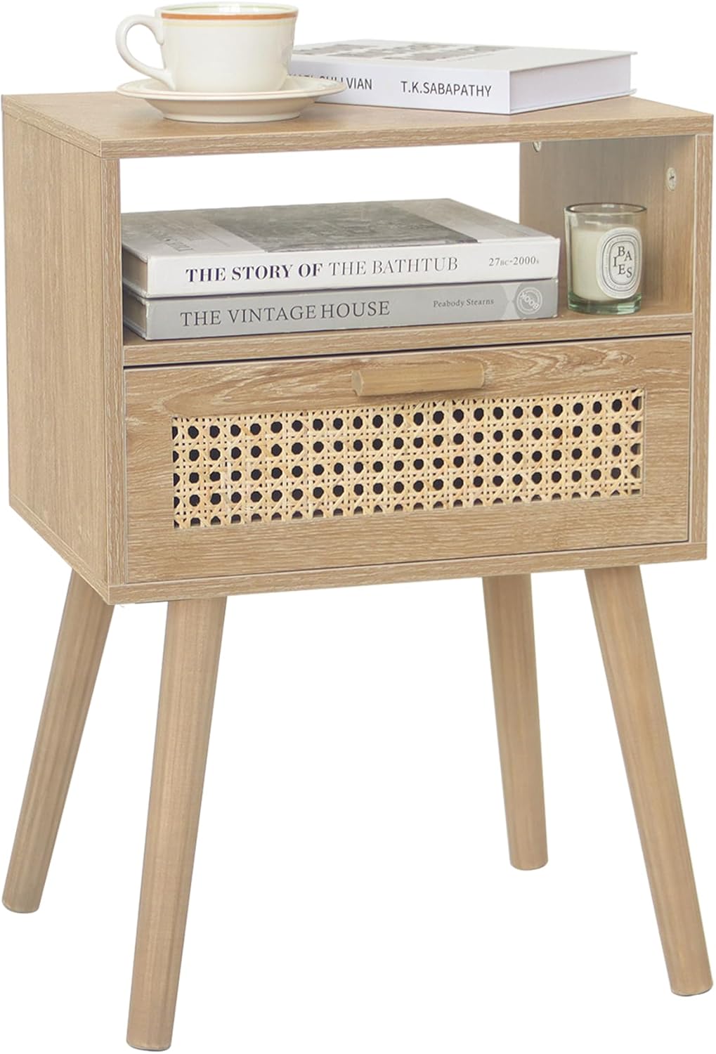MaxSmeo Rattan Nightstand with Drawer, Mid Century Modern Wood Bedside Table for Living Room