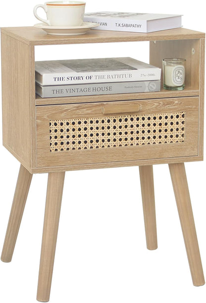 MaxSmeo Rattan Nightstand with Drawer, Mid Century Modern Wood Bedside Table for Living Room