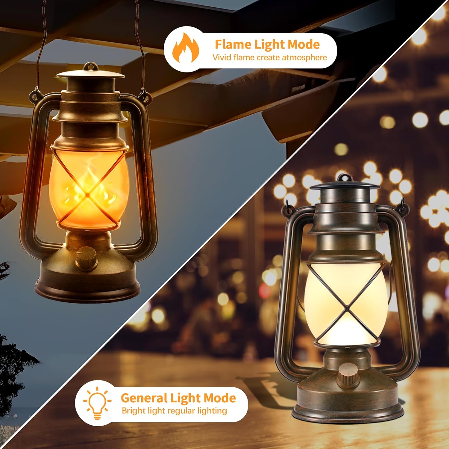 Battery-Powered 2 Modes Lighting LED Vintage Lanterns Decorative Outdoor & Indoor, 2 Pack Bronze
