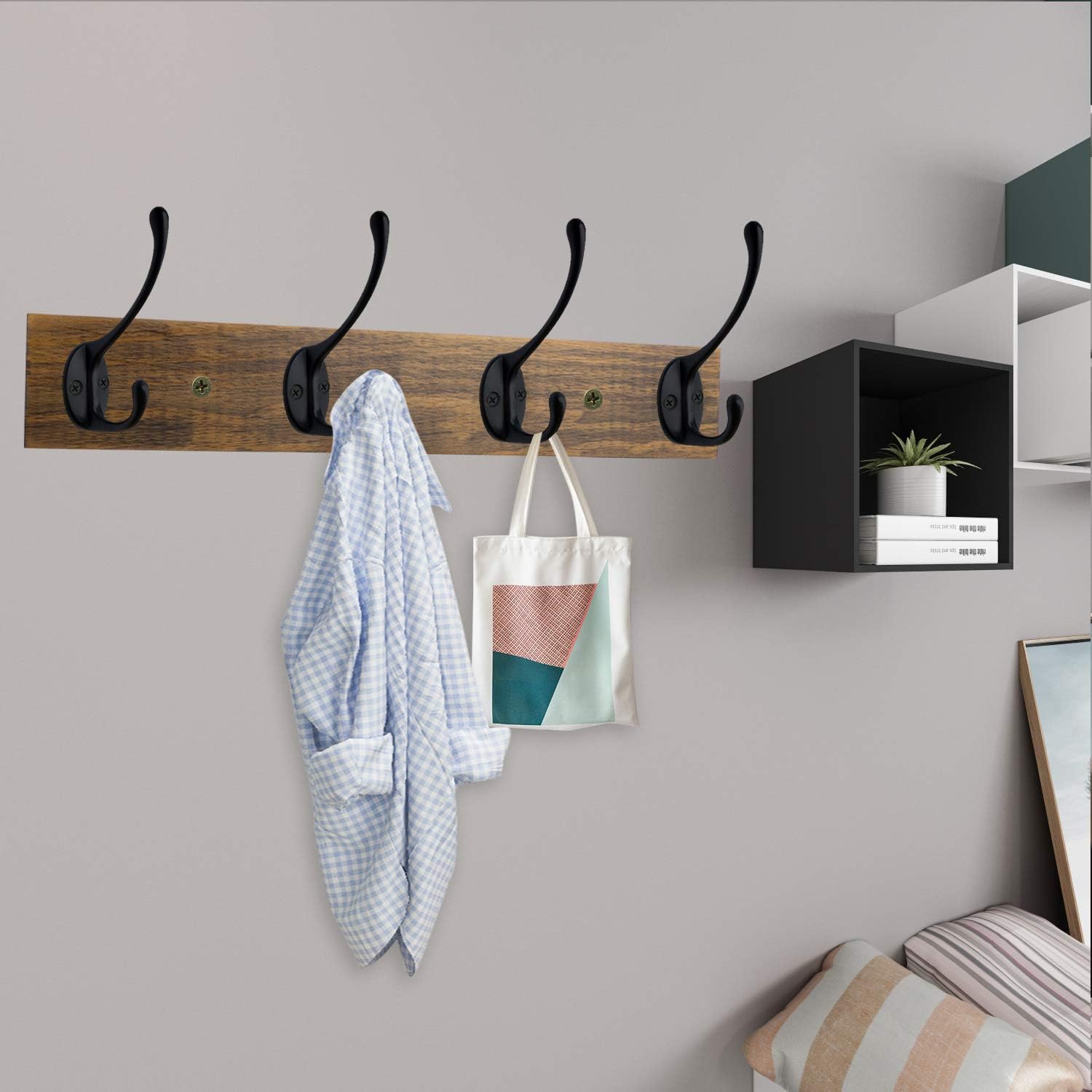 IBosins Wall Mounted Coat Rack, Entryway Hanging , Metal Wood Rack with 4 Black Literary Rustic
