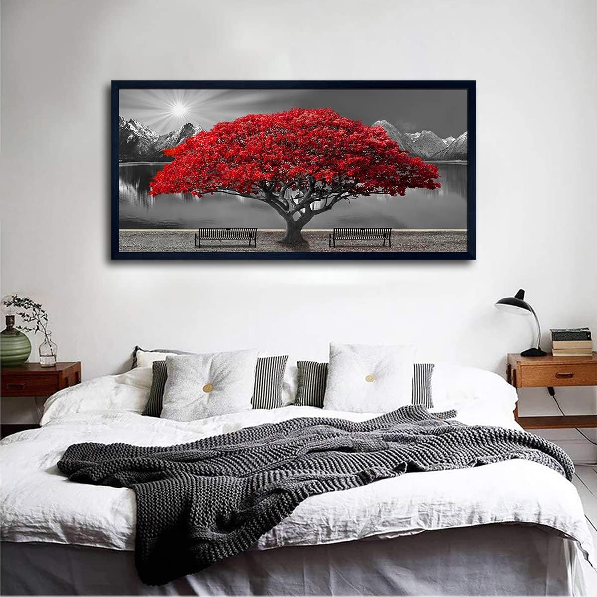 Black and White Red Tree Wall Art Canvas Print Picture Large Red Tree Landscape Modern Artwork for