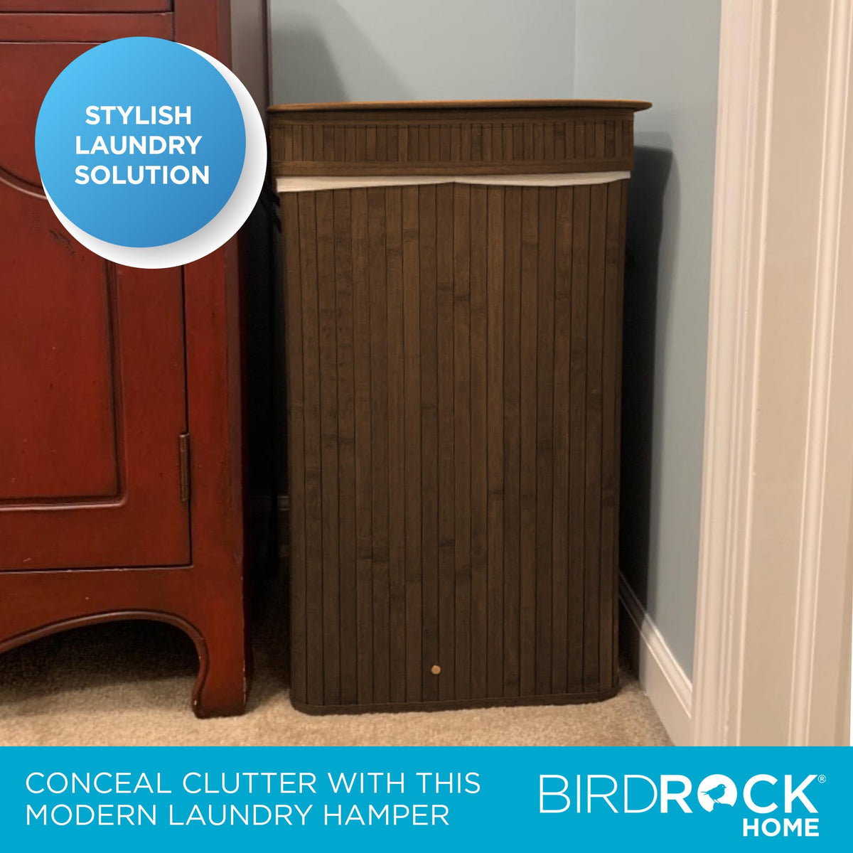 BirdRock Home Square Laundry Hamper with Lid and Cloth Liner | Bamboo | Espresso | Easily Transport